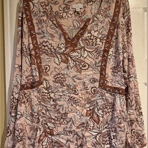 J. Jill Pink and Brown V-Neck Bishop Sleeve Blouse